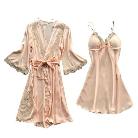 

Qcmgmg Women s Lace Nightgown Sleepwear Two Piece Pajamas Set L