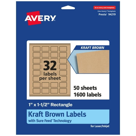 UPC: 0194793919561 | Avery Kraft Brown Rectangle Labels with Sure Feed  1  x 1.5   1 600 Kraft Brown Labels  Print-to-the-Edge  Laser/Inkjet Printable Labels