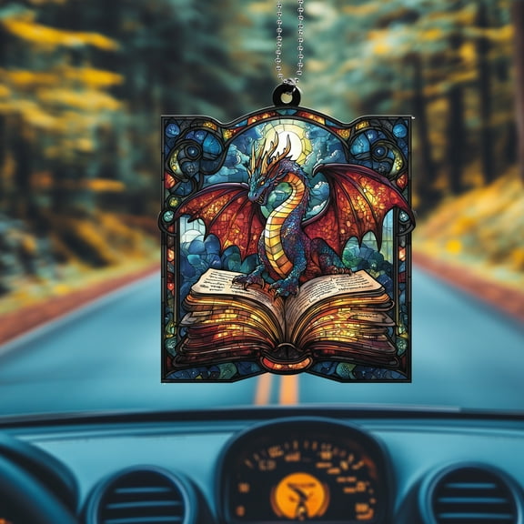 Fantasy Dragon & Knight Book Suncatcher Ornament - Acrylic Window & Car Hanging Decoration, Bold Battle Scene Design, Perfect for Home Décor & Gift Idea