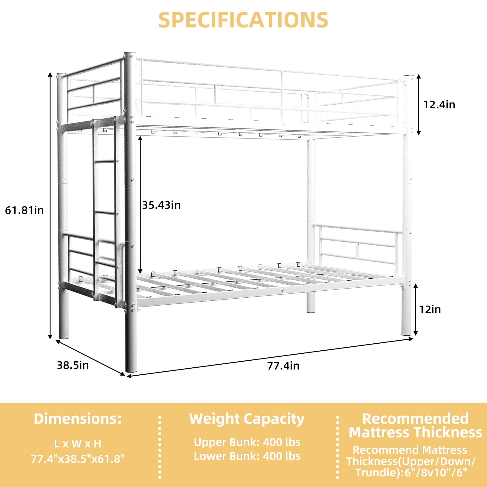 Alvantor Twin over Twin Bunk Beds Convertible 2 Beds Metal Heavy-duty Bed Frame for Kids Teens with Ladders & Guardrail White