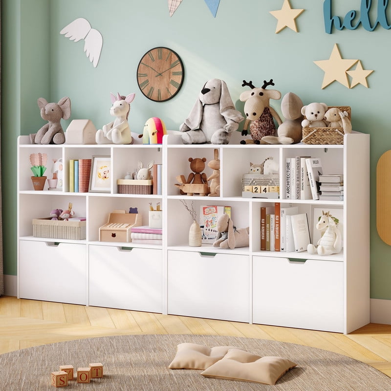 TROPOW Toy Storage Organizer with Movable Drawers, Kids Bookshelf with Hidden Wheels & Open Cubbies, Multifunctional Floor Storage Chest for Playroom