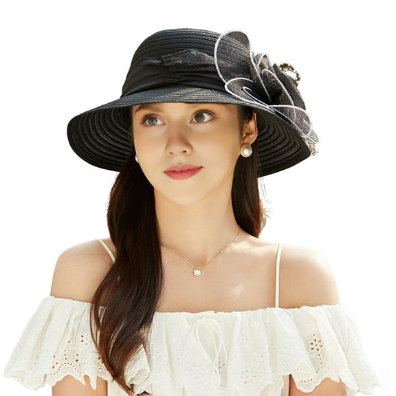 ievspot Women Organza Kentucky Sun Hats, Wide Brim Flower Church Bridal Hat Beach Derby Hat for Tea Party Wedding