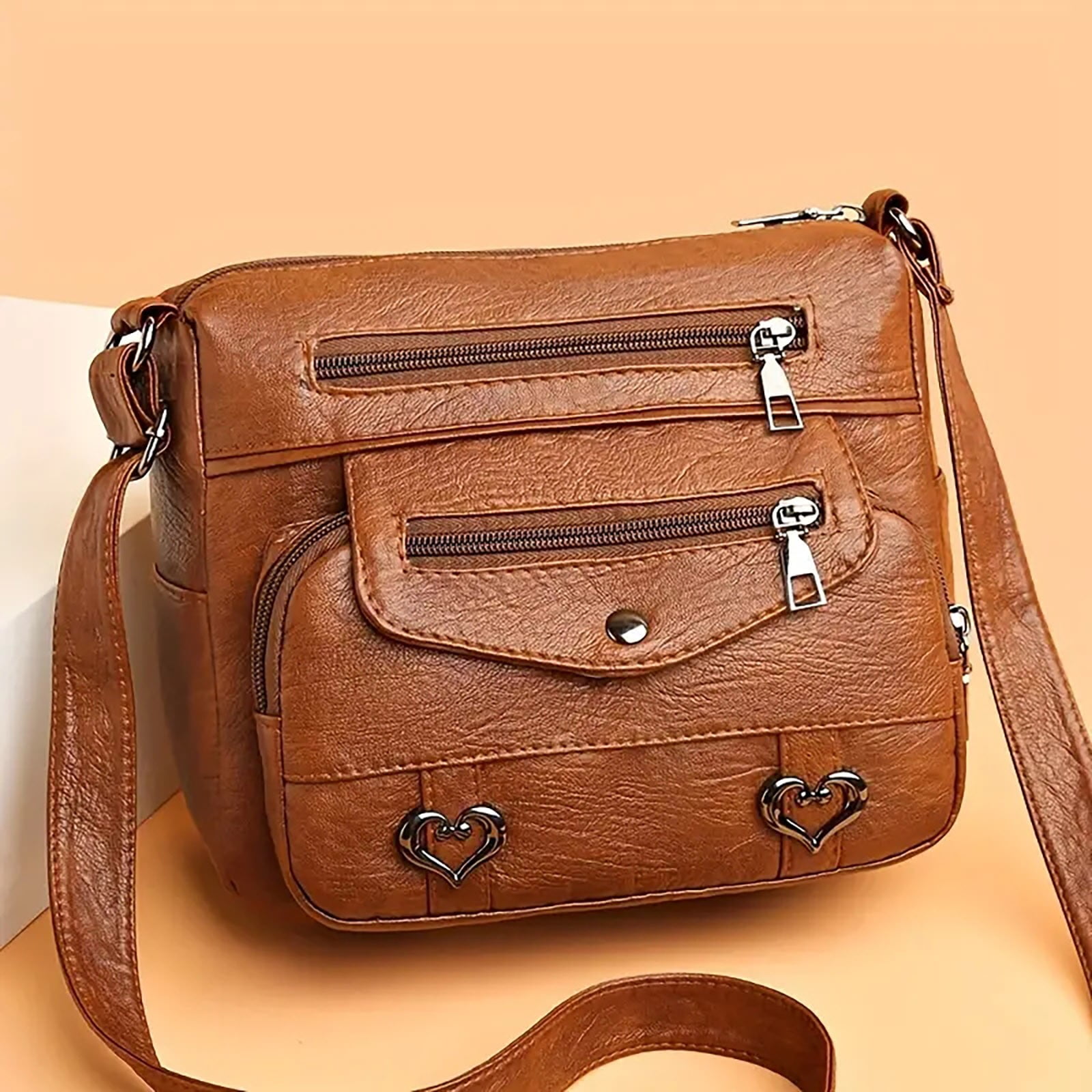 Crossbody Bags for Women Pocketbooks Soft PU Leather Purses and Handbags Multi Pocket Vintage Shoulder Bag with Heart Decor Brown