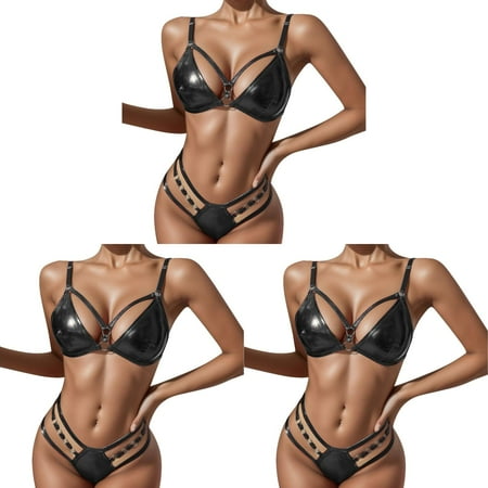 ck X Pasties for Women Pu Leather Harness Lingerie Sexy Lingerie for Women Open Set with Chain Linked Bra Lingerie for Women Hand Ring Striptease ceangrtro Black (3Packs) Black (3Packs)