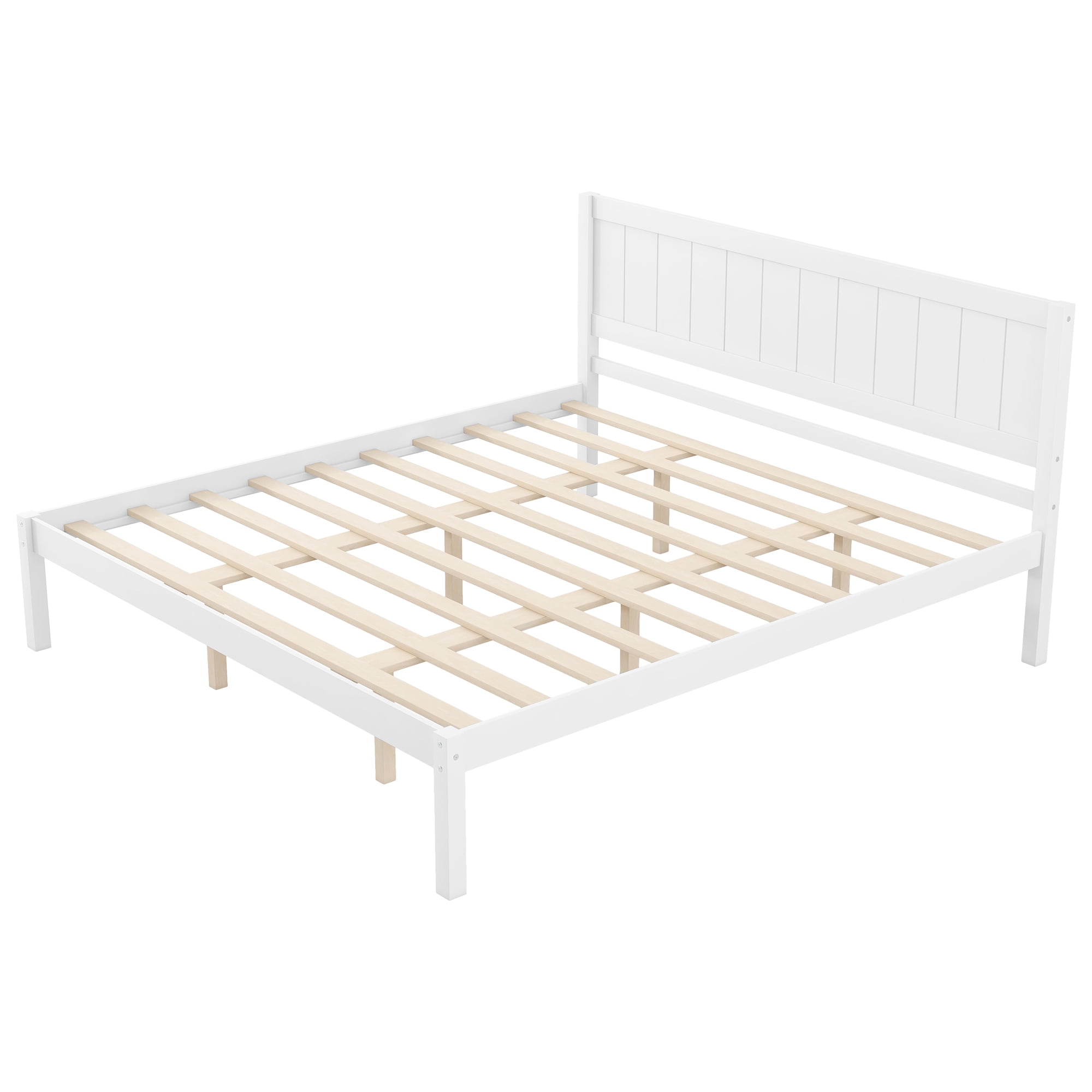 Leumius King Size Platform Bed Frame with Headboard, Wood Slat Support, No Box Spring Needed for Bedroom Guest Room White