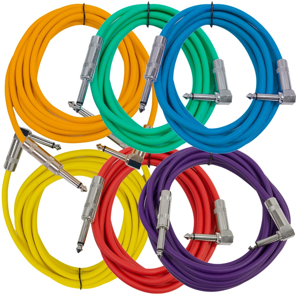 Seismic Audio 6 Pack 10' Colored Guitar Cables TS 1/4" to Right Angle