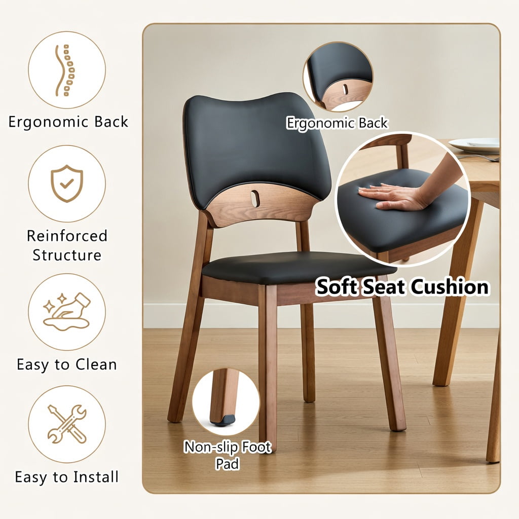 Hommoo 2-Pack Solid Wood Dining Chairs with PU Upholstered Seat & Backrest, Ergonomic Hollow-Back Design for Modern Home Dining, Black & Walnut