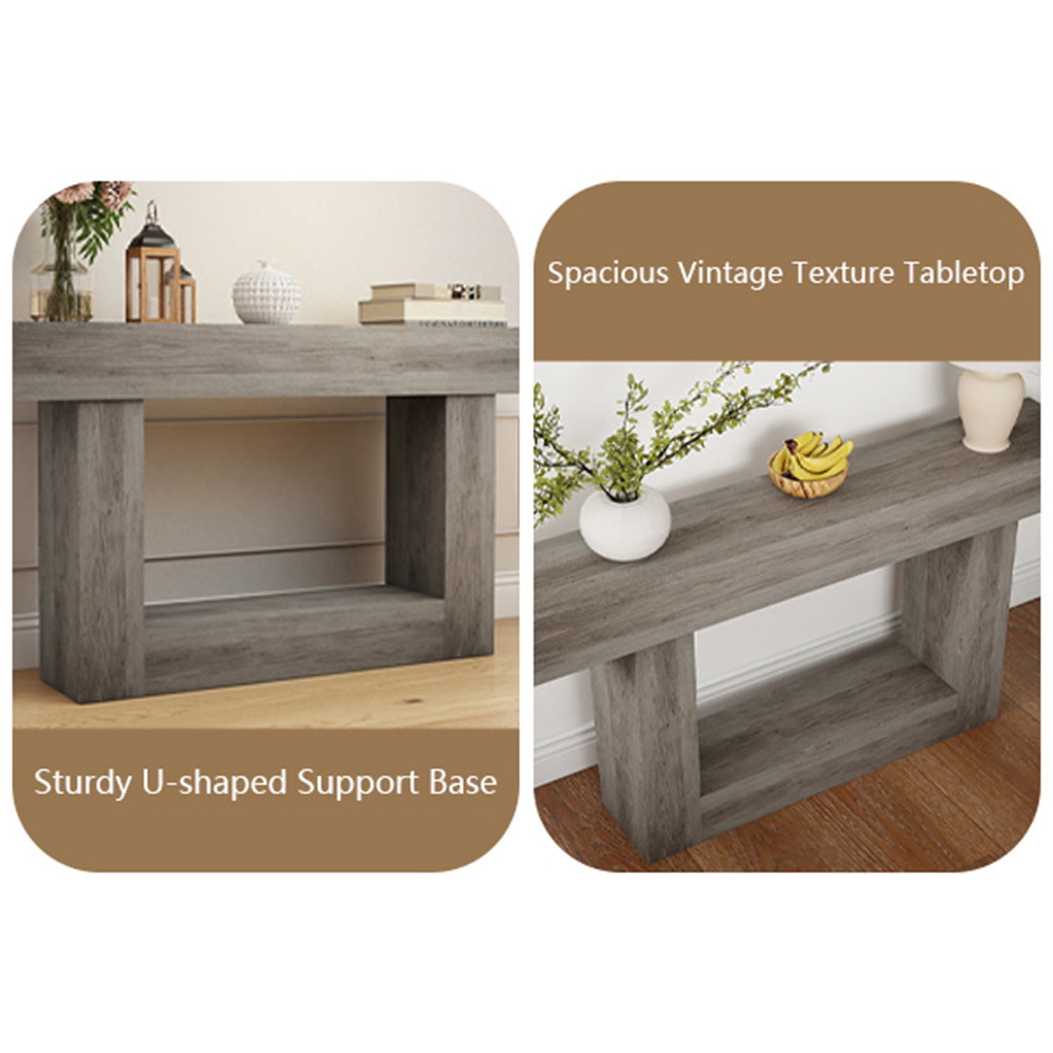 Demi Bonn 63" Wood Console Table, Farmhouse 2-Tier Sofa Table Entryway Table, Foyer Display Table, Gray