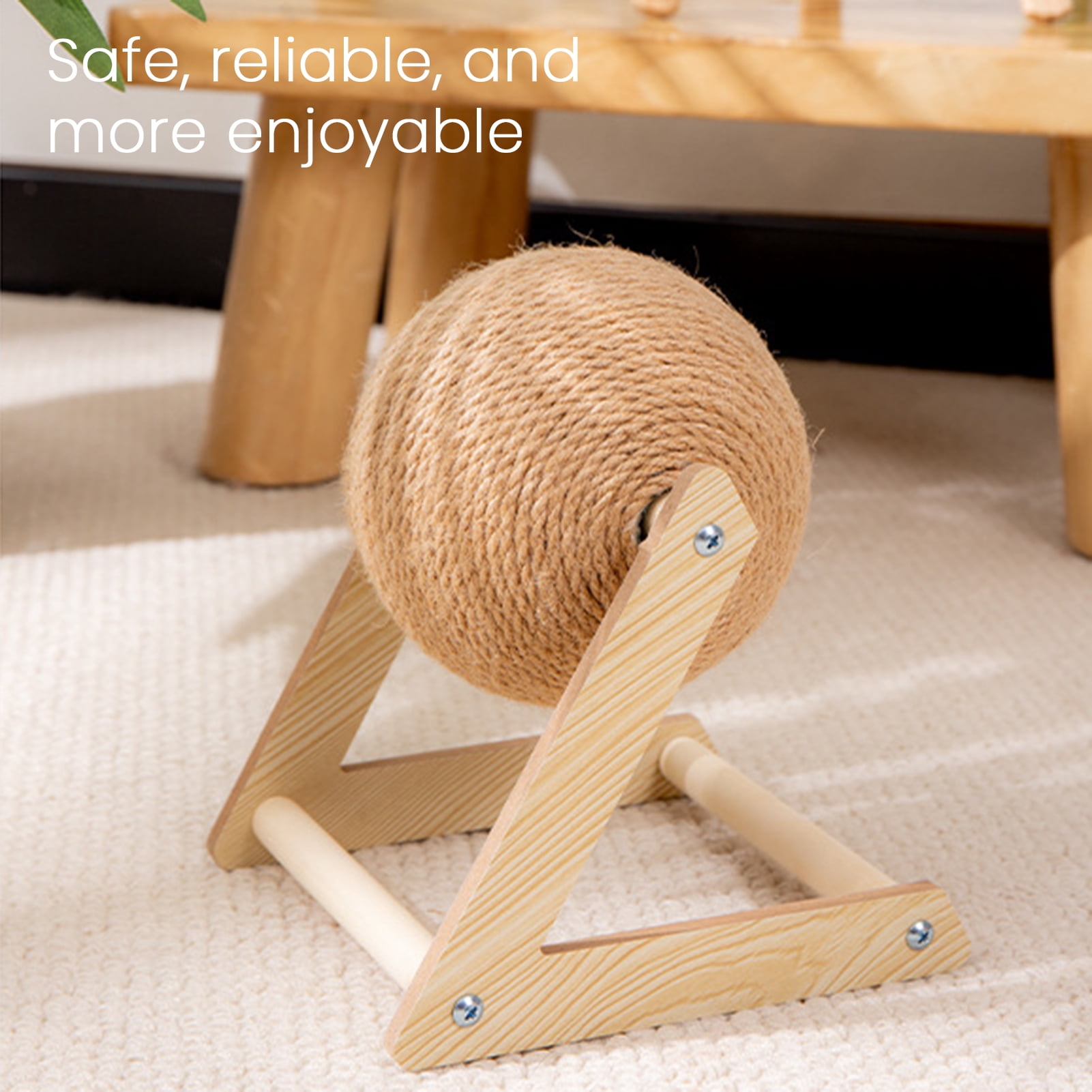 Cat Scratching Ball Interactive Sisal Rope Cat Scratcher Ball with Wooden Stand Spinning Ball Kitten Exercise Toy for Indoor Cats