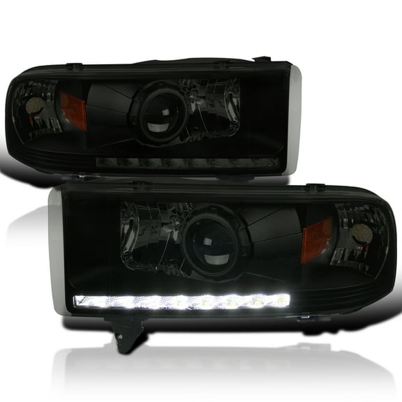 Spec-D Tuning Black Smoke Projector Headlights w/LEDs Compatible with 1994-2001 Dodge Ram 1500, 1994-2002 Dodge Ram 2500/3500, Left Right Pair Headlamps Assembly