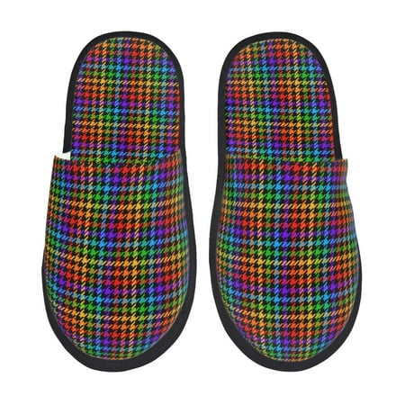 

Fuzoiu Rainbow Houndstooth Print Unisex Furry Slippers Plush Indoor Shoes Trendy House Slippers Anti-Skid EVA Sole House Shoes for Home Office and Travel -Large