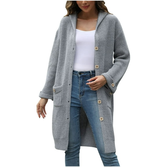 jtjvou Women Long Cardigan Open Front Button Down Sweaters Long Knitwear Fall Winter Outerwear Coats with Pockets Gray S