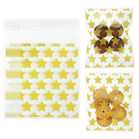 100pcs Clear Treat Bags, 4"x 3" Self-Adhesive Cookie Bags with Star Pattern for Candy Packaging, Yellow