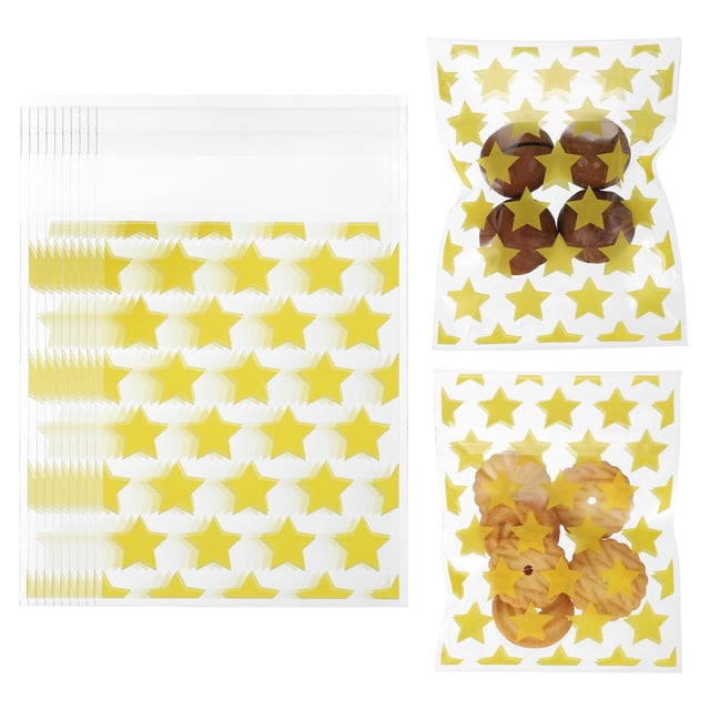 100 piezas de bolsas transparentes para golosinas, 4" x 3" bolsas autoadhesivas para galletas con patrón de estrella para empaquetar caramelos, amarillas