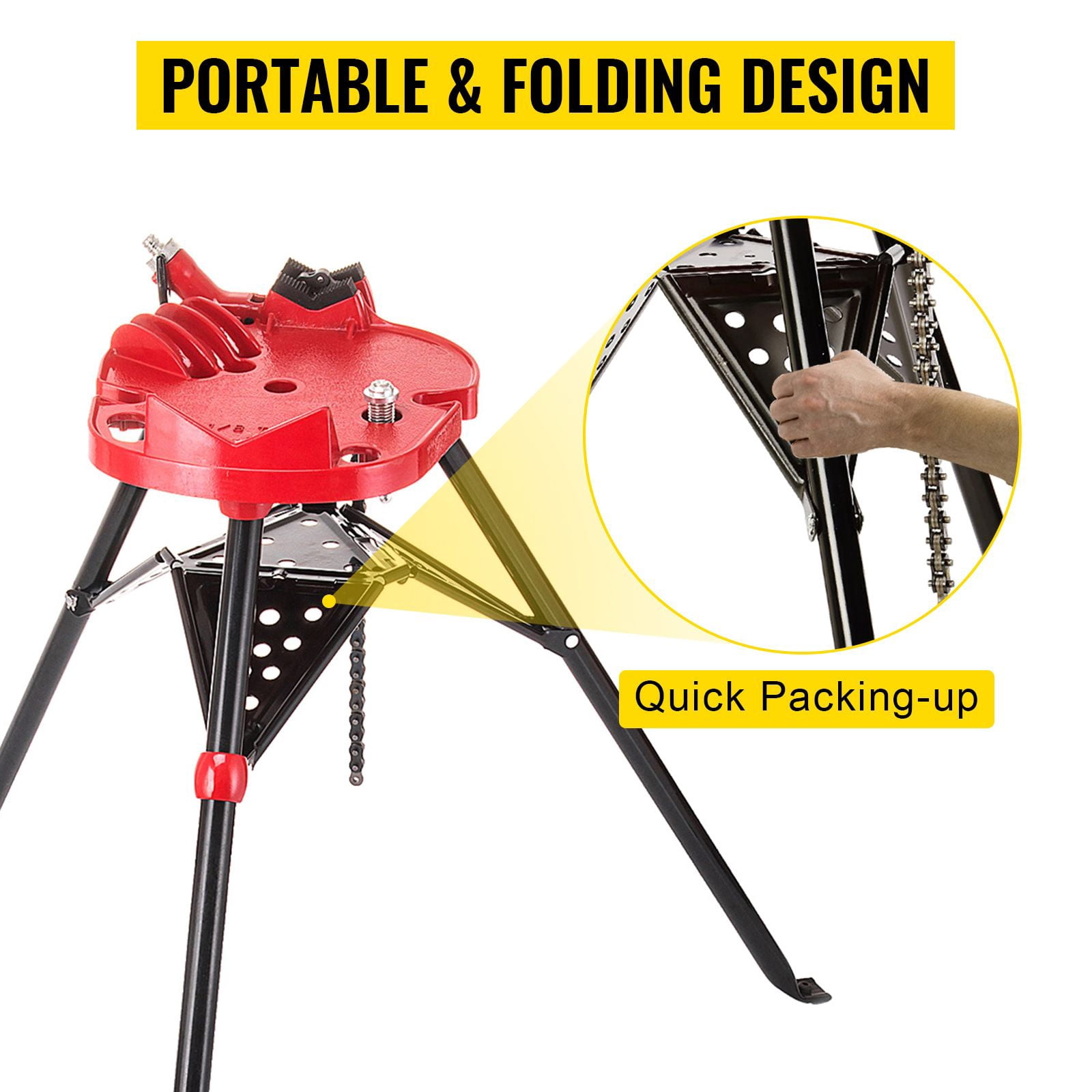 460-6 Tripod Pipe Chain Vise 1/8\"-6\" Capacity,Pipe Stand Portable Foldable Steel Legs,Pipe Jack Stands with Tool Tray, Tripod Stand Chain Vise Ideal for a Variety of Pipe Materials