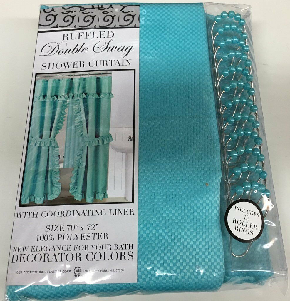 DOUBLE SWAG FABRIC SHOWER CURTAIN, LINER, RINGS, DOBBY DOT DESIGN