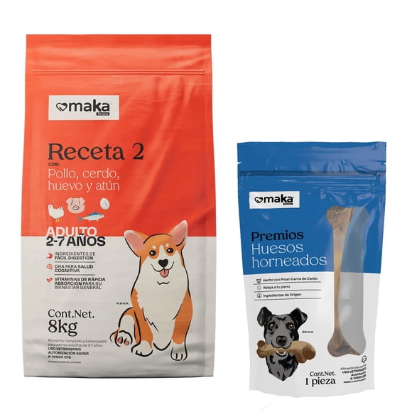 Maka Receta 2 Adulto Razas Medianas y Grandes 8 Kg + Hueso Femur Horneado 1 Pieza