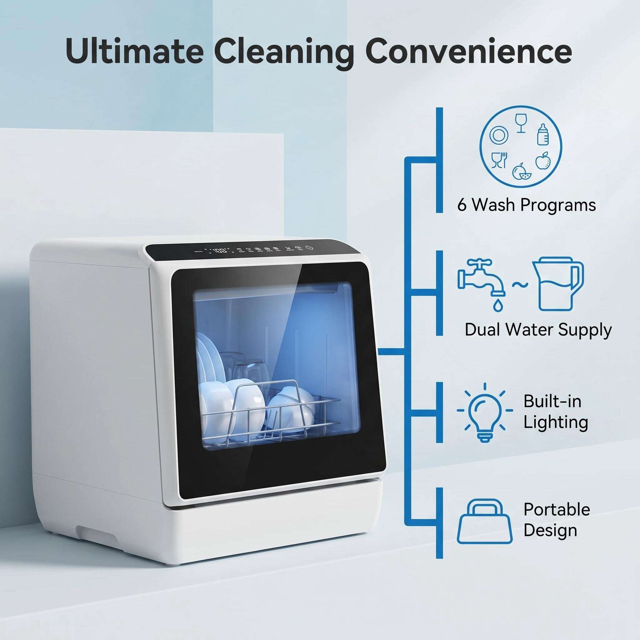 Portable Countertop Dishwasher with Built-in Light, 6 Wash Modes, Dual Water Supply System, LED Digital Control Panel, Compact Mini Dishwasher for Home, Apartment, Dorm, Boat and RV