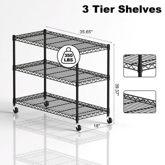DEASON 3-Tier Metal Storage Shelves - 35.65W x 17.72D x 39.37H Inches, Holds up to 1050 lb, 350 lb per Shelf