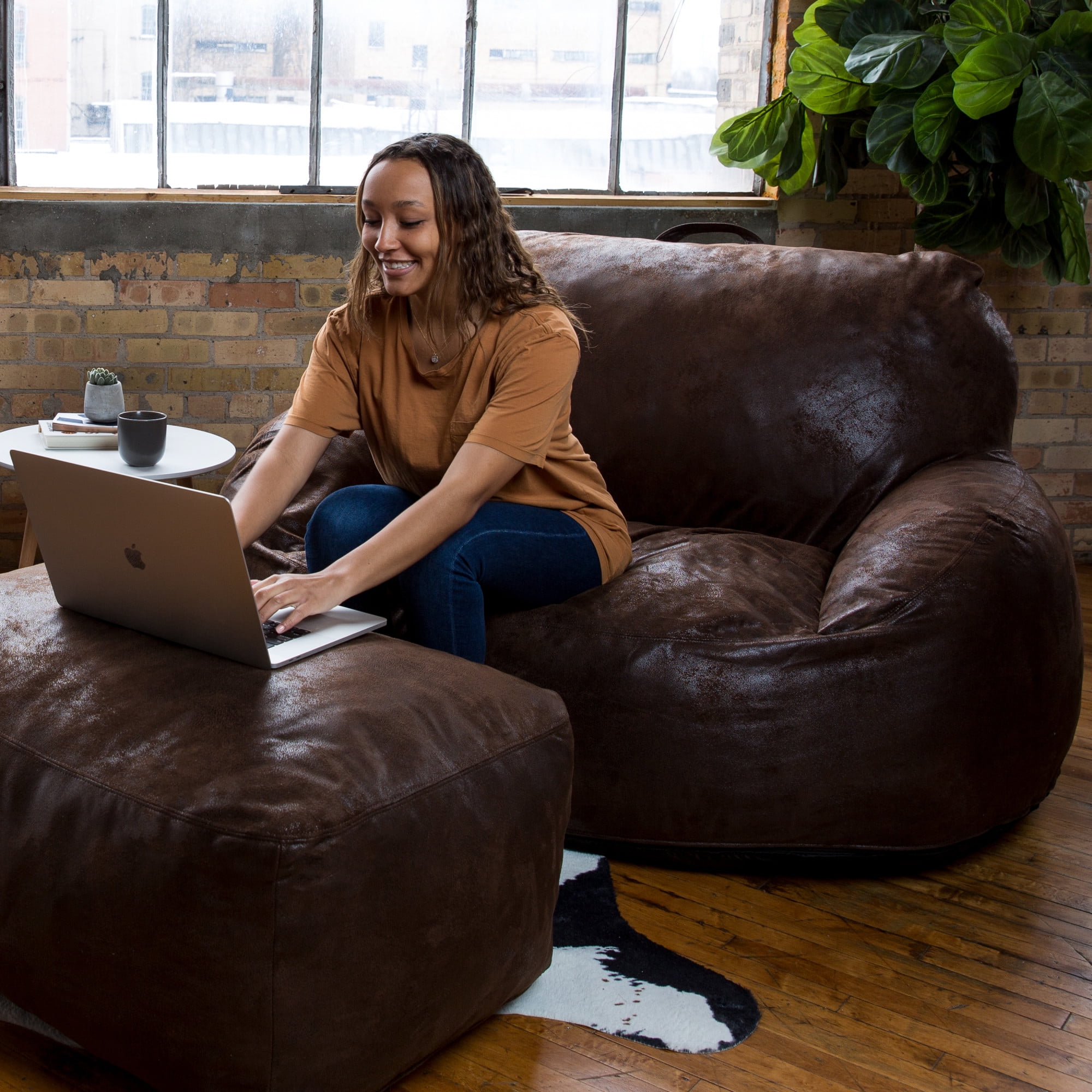 Big Joe Nestle Bean Bag Sofa, Espresso Blazer, Vegan Leather, 5 Feet