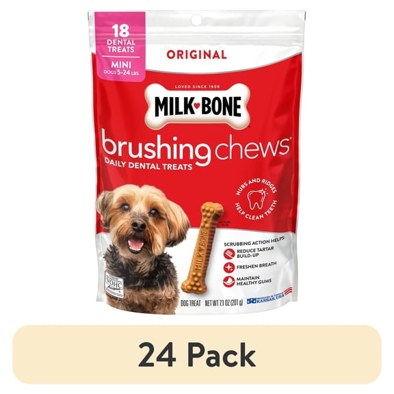 (24 pack) Milk Bone Brushing Chews Original Chicken Flavor Daily Dental Dog Treats, Mini, 7.1 oz Bag