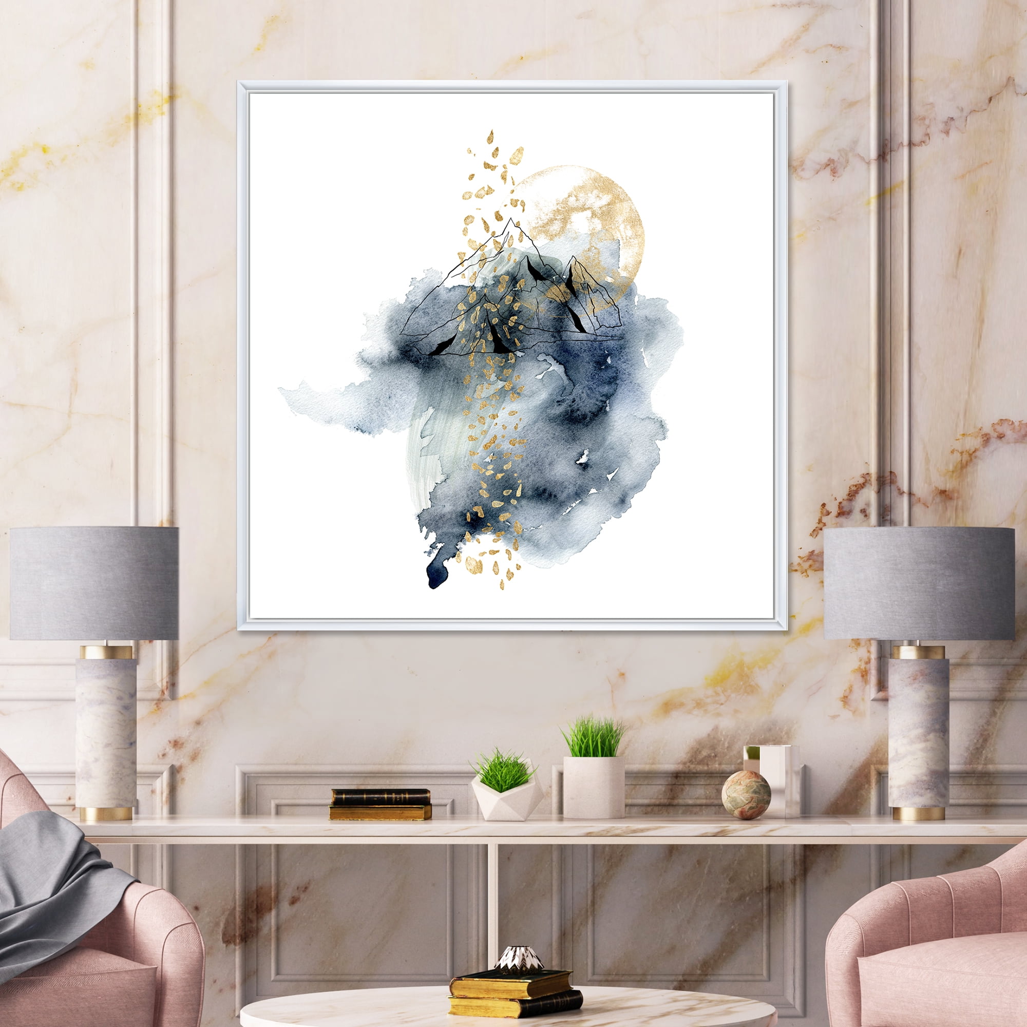 Minimalistic Landscape of Moon With Mountains 36 in x 36 in Framed Painting Canvas Art Print, by Designart
