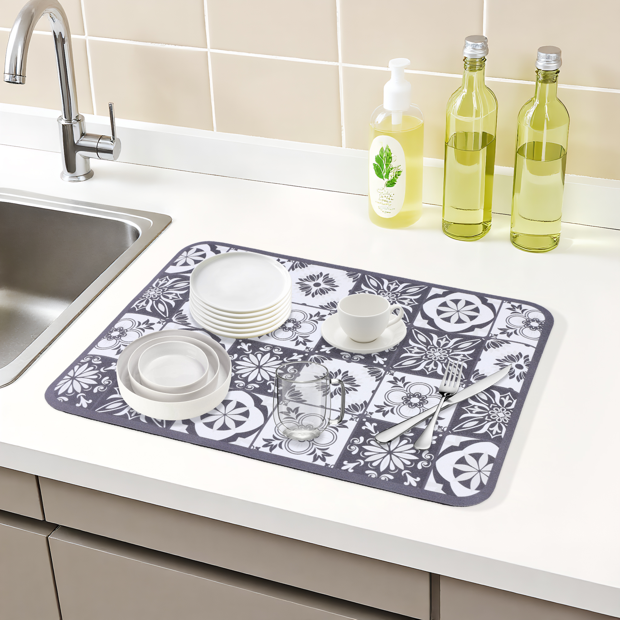 Unique Bargains Floral Design Dish Drying Mat for Dishes and Cups Grey 15.7*11.8 inch