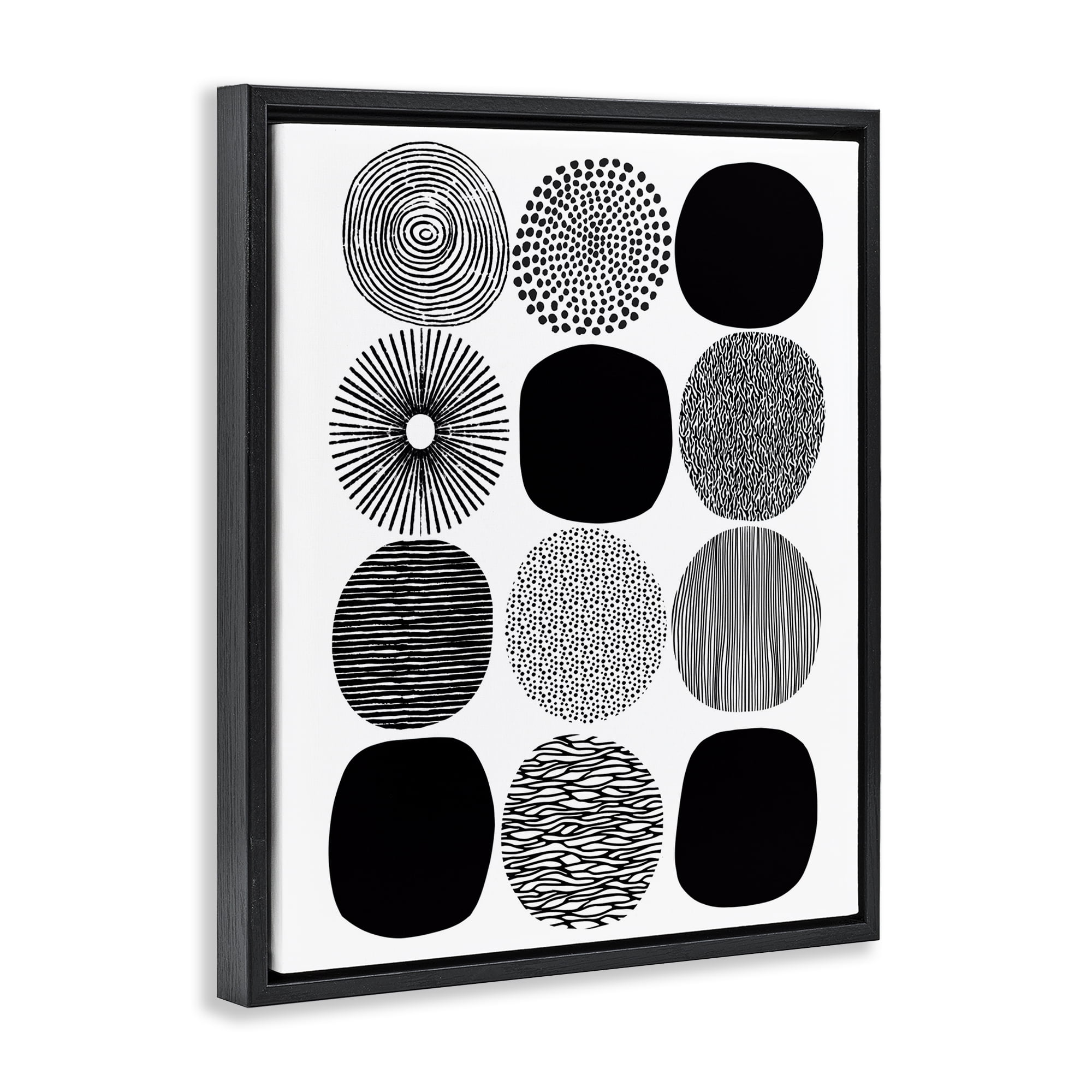 Stupell Industries Black & White Pattern Circles Abstract Painting Black Floater Framed Canvas Art Print Wall Art, 25 x 31