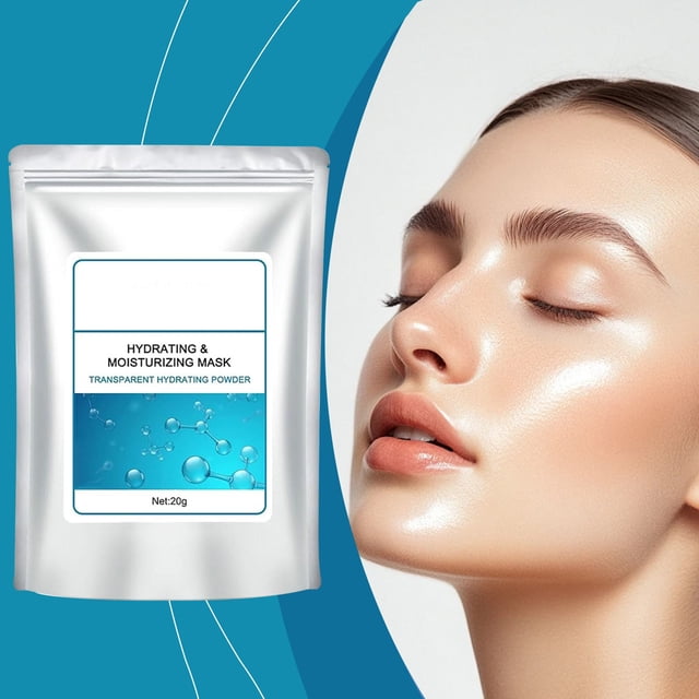ácido hialurónico puro en polvo suero que hace bricolaje ingredientes para el cuidado de la piel antienvejecimiento polvo humectante facial para mascarillas faciales caseras sueros cremas soluble en — Bolsa plateada frontal con cierre y etiqueta blanca y azul que muestra 'Hydrating & Moisturizing Mask' y gráfico de burbujas; texto neto 20 g visible; junto al perfil recortado de un rostro femenino sobre fondo azul. Adecuado para crear mascarillas y sueros faciales personalizados.