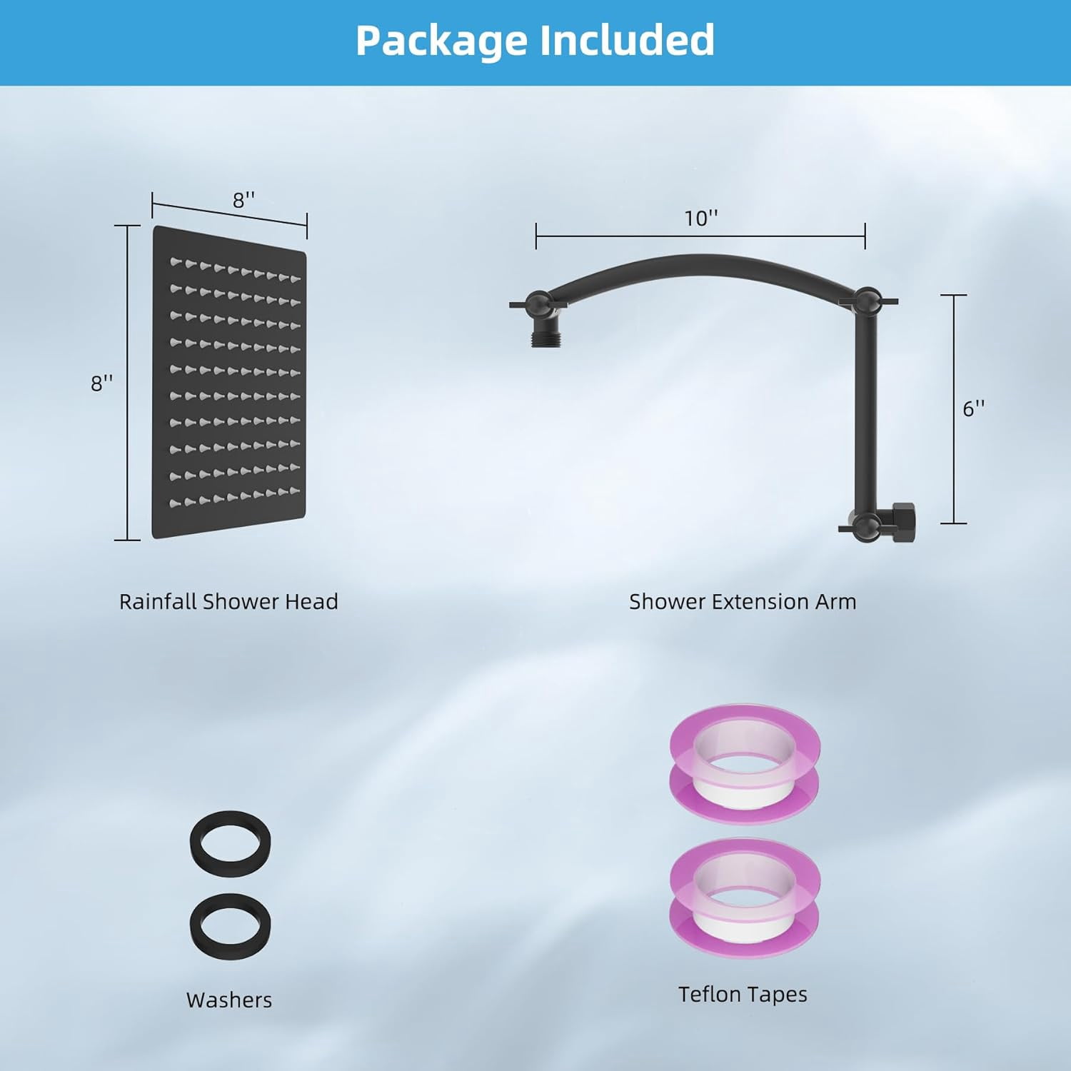 All Metal Rain Shower Head, 8'' High Pressure Rainfall Showerhead with 16" Shower Head Extension Arm, Solid Brass Adjustable Shower Arm Extender, Waterfall Fixed Showerheads, Matte Black