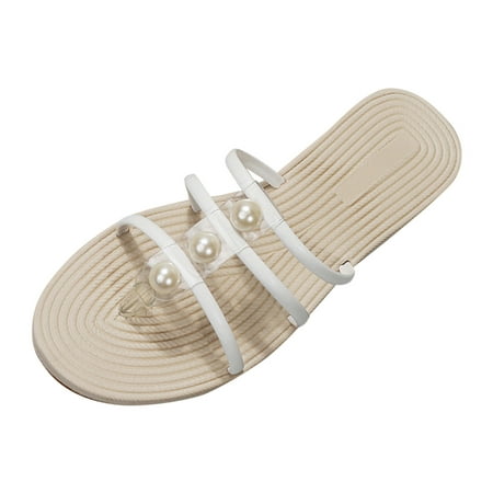 

SEMIMAY Ladies Fashion Solid Color Leather Strap Combination Pearl Decoration Straw Woven Flat Slippers