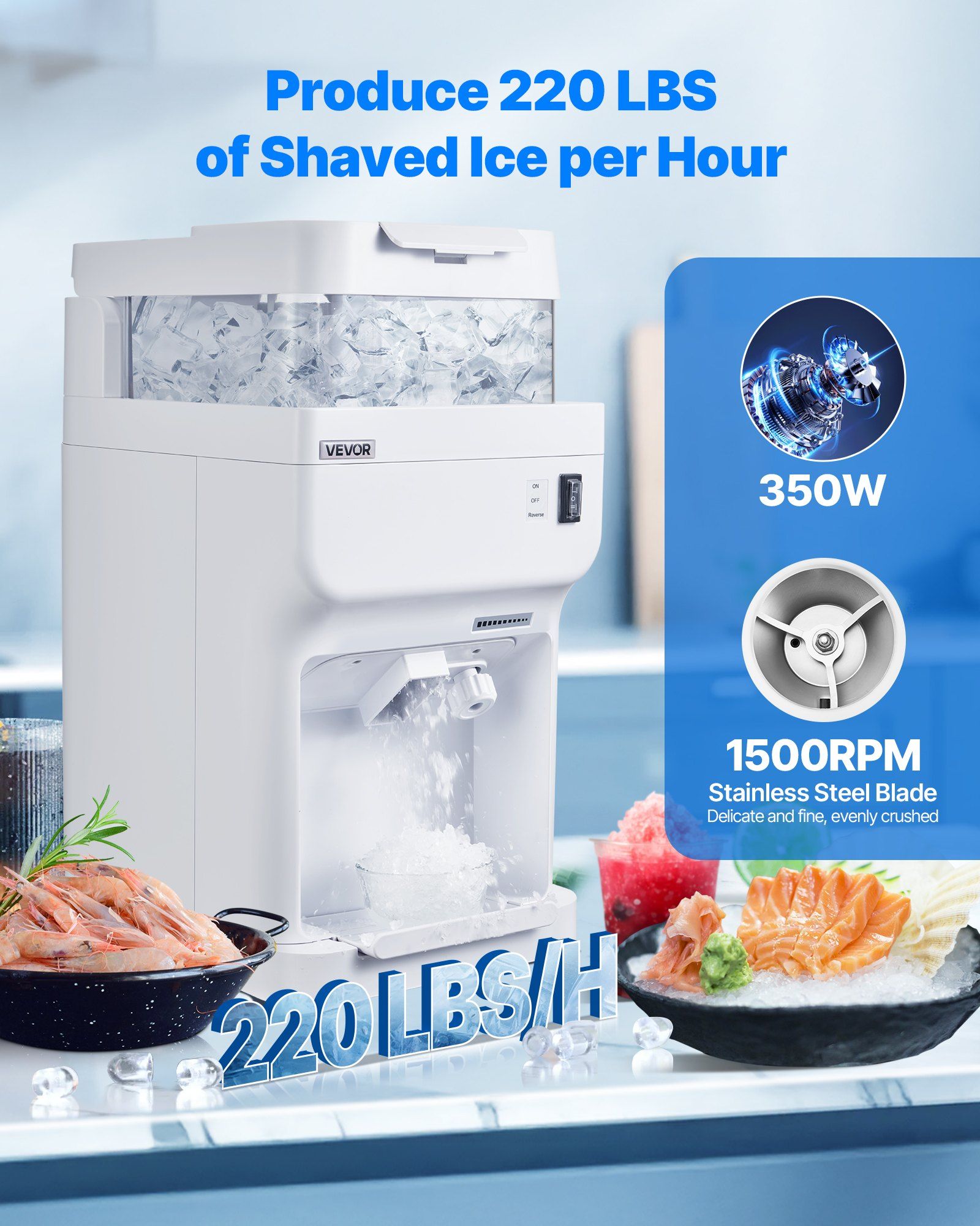 Commercial Electric Ice Shaver Crusher 350W 1500RPM 220lbs Per Hour Snow Cone Maker with 8L Ice Cube Box Tabletop Shaved Ice Machine for Home Bar Party Event Commercial Use White