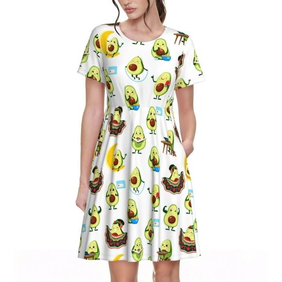Fotbe Funny Avocado In Mexican Clothes Vestido Largo de Moda para Mujer, Vestido Tipo Camiseta con Manga Corta y Estilo Casual a Rayas y Bloques de Color