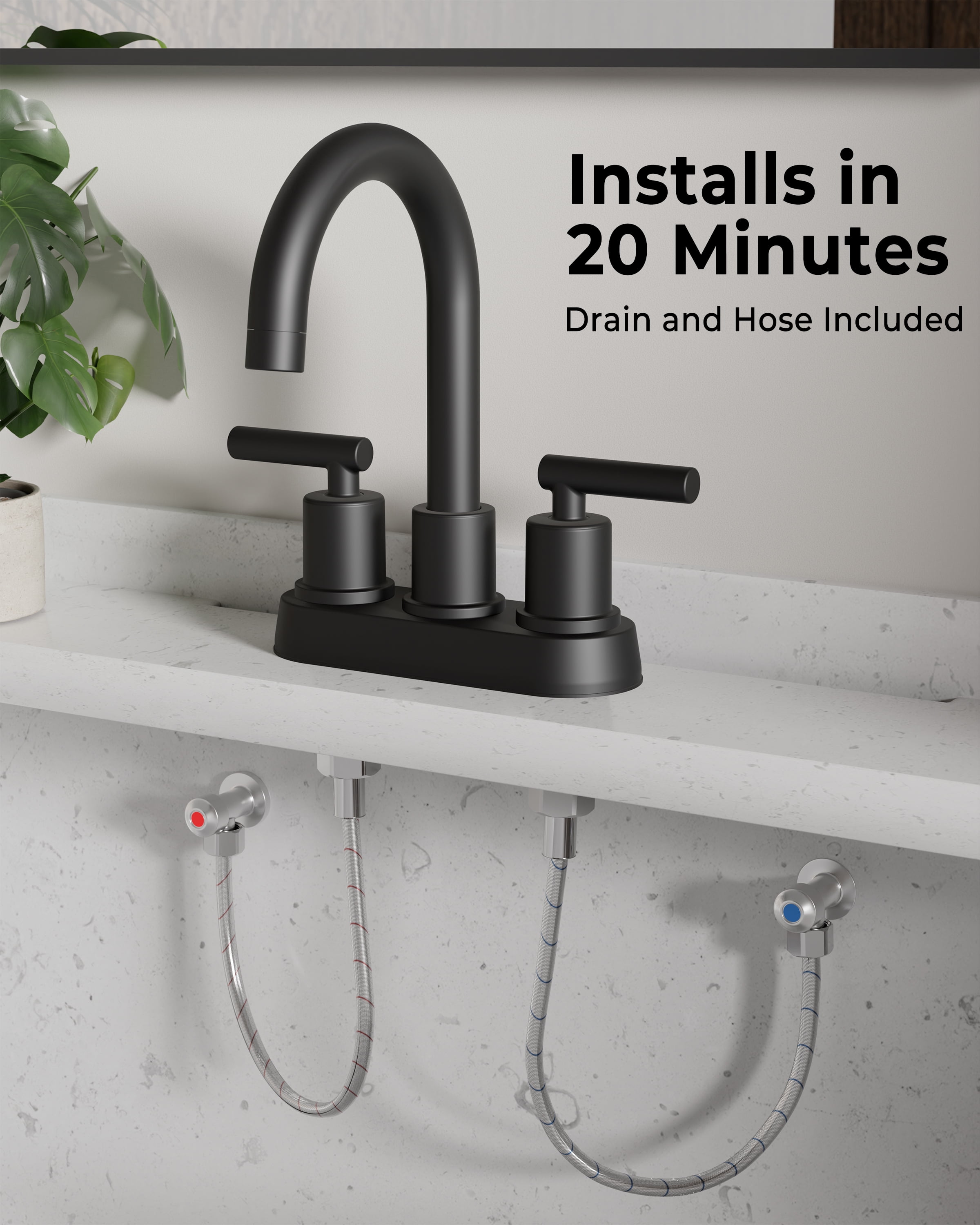 VXV Bathroom Faucet 4 Inch 2 Handle Centerset Utility Lavatory Vanity Faucet Modern 360 Rotating Black Faucet with Pop-up Drain Stopper Assembly and Supply Lines Fit 2 or 3