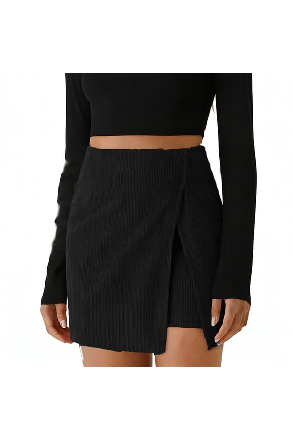 Womens Ribbed Wrap High Waist Mini Skirt - Black, 98% Cotton 2% Spandex with Built-in Short Lining, Casual Fashion for Women 16-35,Size M