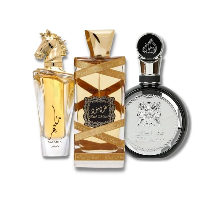 Set de regalo de perfume Lattafa Maahir Fakhar Oud Mood Elixir 100 ml