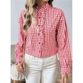 thumbnail image 6 of Women'S Plaid Ruffle V Neck Button Down Blouse Casual Long Sleeve Gingham Work Checkered Shirt Tops Red L, 6 of 8