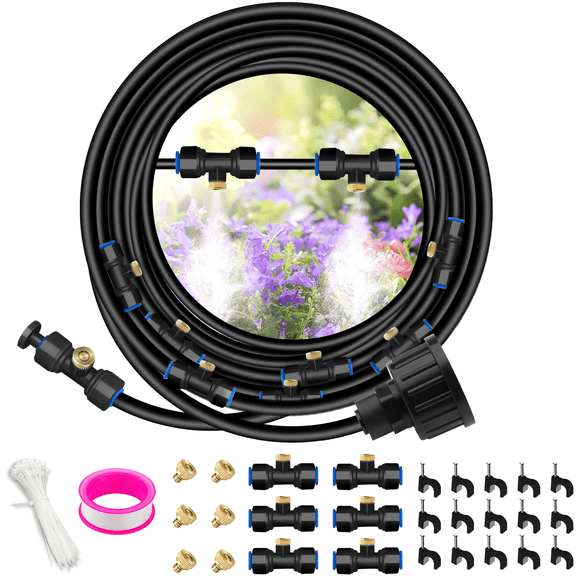 Misting System, Misting Cooling System, 98FT Misting Line, 30 Misting fittings, 30 Brass Mist Nozzles, 3/4" Faucet Adapters, Outdoor Mister System for Patio Garden Trampoline Greenhouse