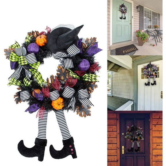 Halloween Wreath with Hat Legs Pumpkin Door Hanging Garland Front Door for Halloween Decorations