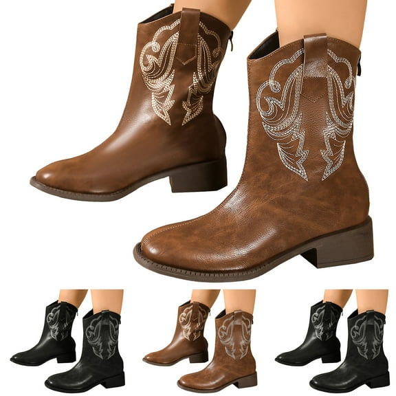 Dakaela Women Western Cowboy Boots Wide Calf Cowgirl Ankle Booties Classic Chunky Heel Dress Shoes