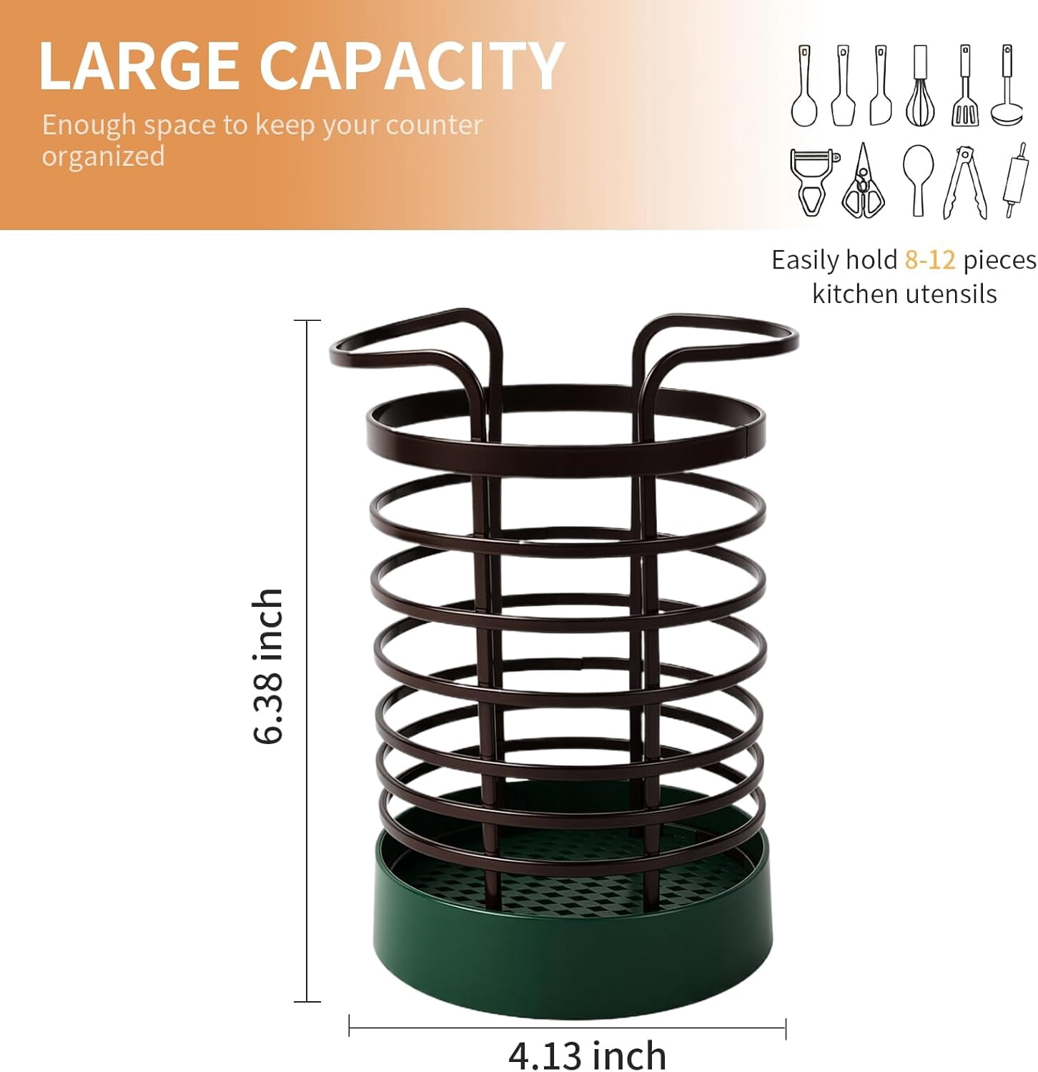 ABPETE Utensil Holder for Kitchen Counter,Modern Metal Utensil Holder with Green Stable Base,Large Cooking Utensil Crock Organizer for Spatula & Spoon,Farmhouse Kitchen Decor