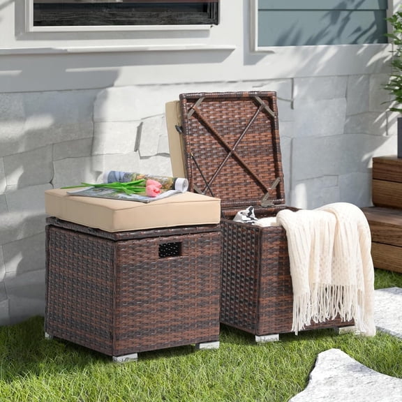 2 Piece Outdoor Patio Ottomans, All-Weather Brown PE Rattan Wicker Ottoman with Storage, Outdoor Footrest Footstool Seat w/Thick Cushion, Built-in Handle for Backyard Poolside Porch (Beige)
