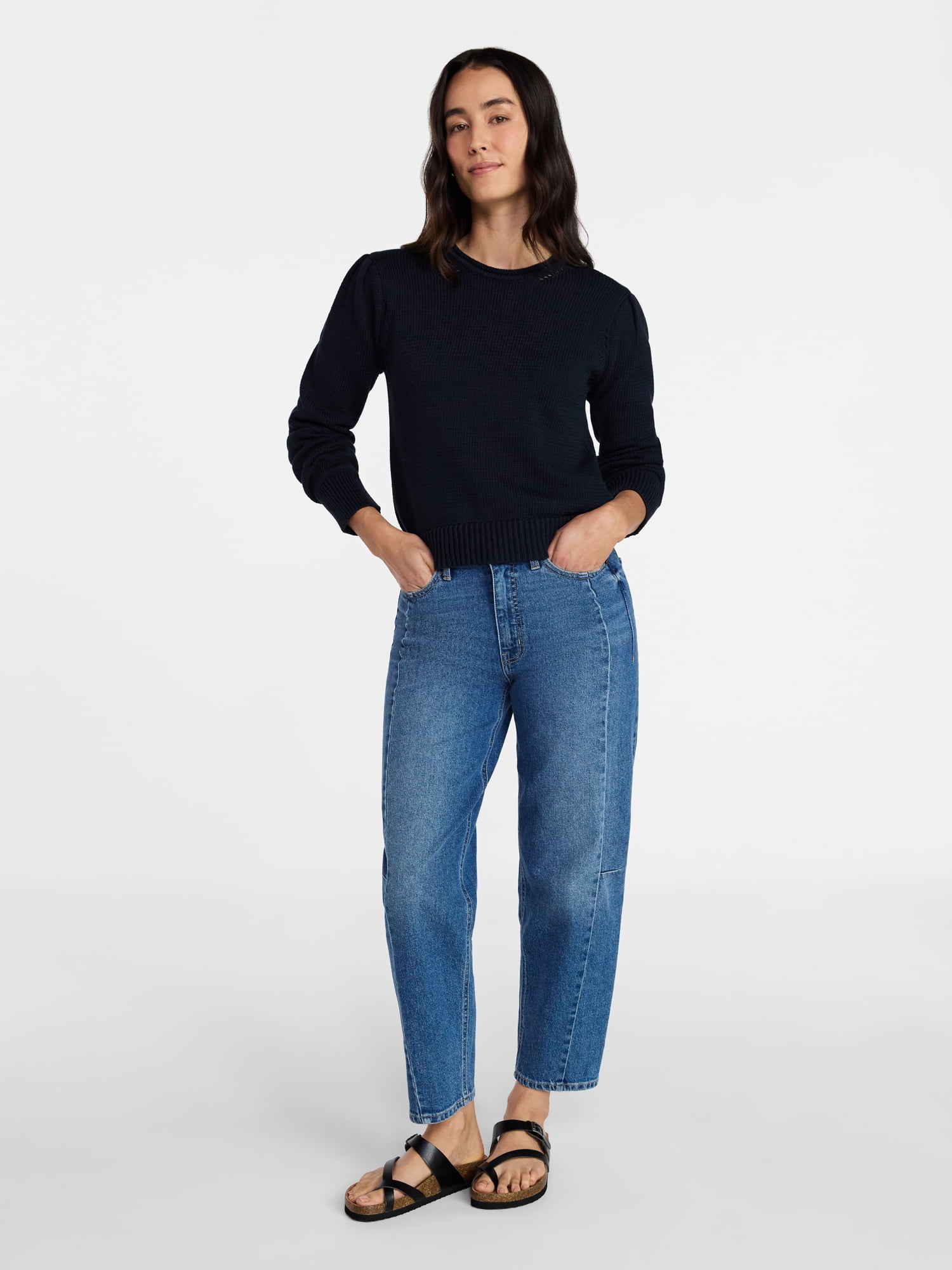 Time and Tru Women's Crewneck Sweater with Long Puff Sleeves, Lightweight, Sizes XS-XXXL