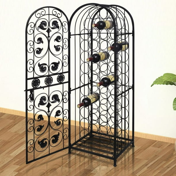 45 Bottle Wrought Iron Wine Rack Jail with Lock Black
