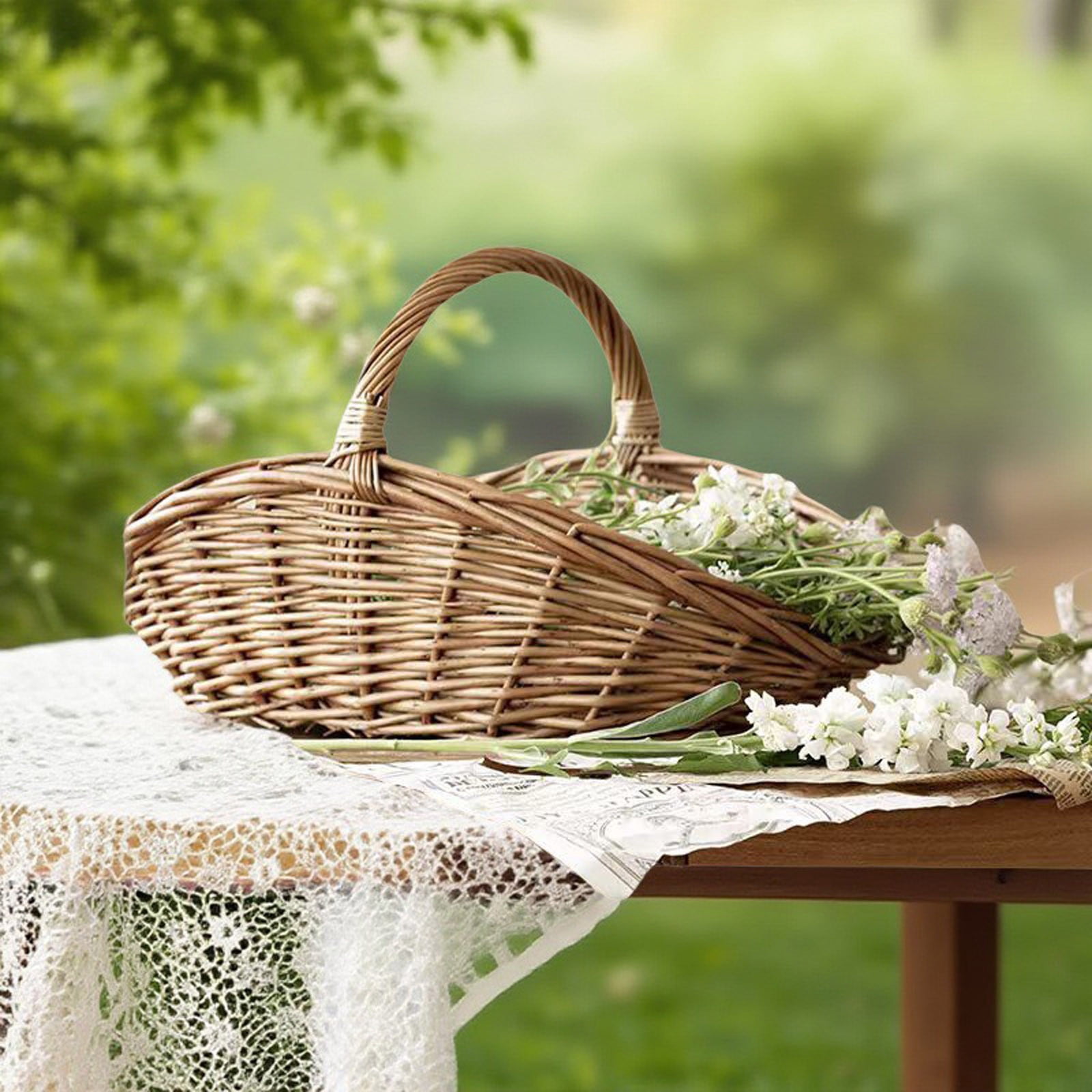 UJMNHYGT Handwoven Wicker Harvest Basket with Handle, 14.17x8.27x9.84 Inch Rattan Woven Storage Basket for Garden Fruit Vegetables Picnic Easter Organizing Flower Girl Gift Basket
