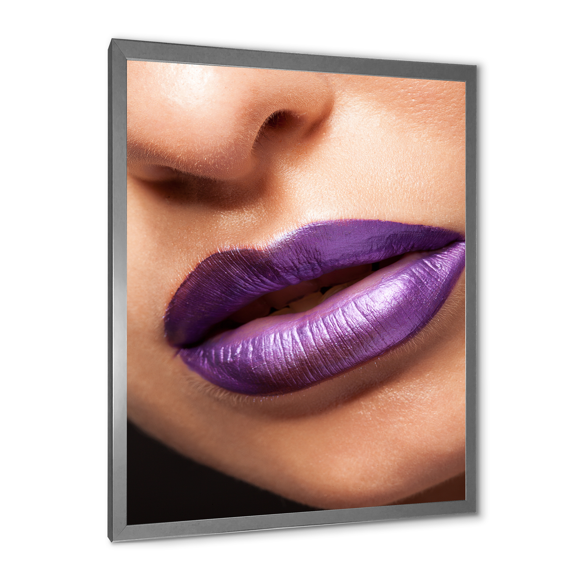 Designart 'Close Up View of Girl Lips With Purple Lipstick' Modern Framed Art Print
