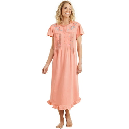 

AmeriMark Women s Embroidered Knit Night Gown Long Partial Button Front Dress Coral Blush - Mid Calf 4X