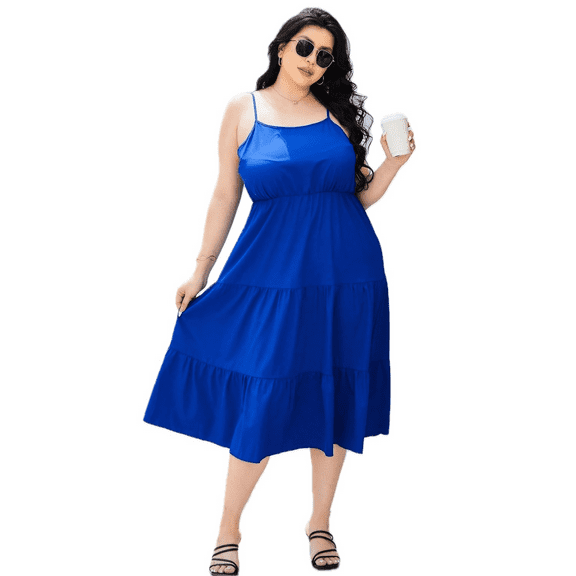 Women's Plus Size Spaghetti Strap Tiered Dress with Ruffled Sheer Overlay Opaque No Stretch 100% Polyester Fabric
