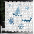 thumbnail image 4 of Ambesonne Cartoon Shower Curtain, Ship Whale Waves, 69"Wx75"L, Beige Blue White, 4 of 5