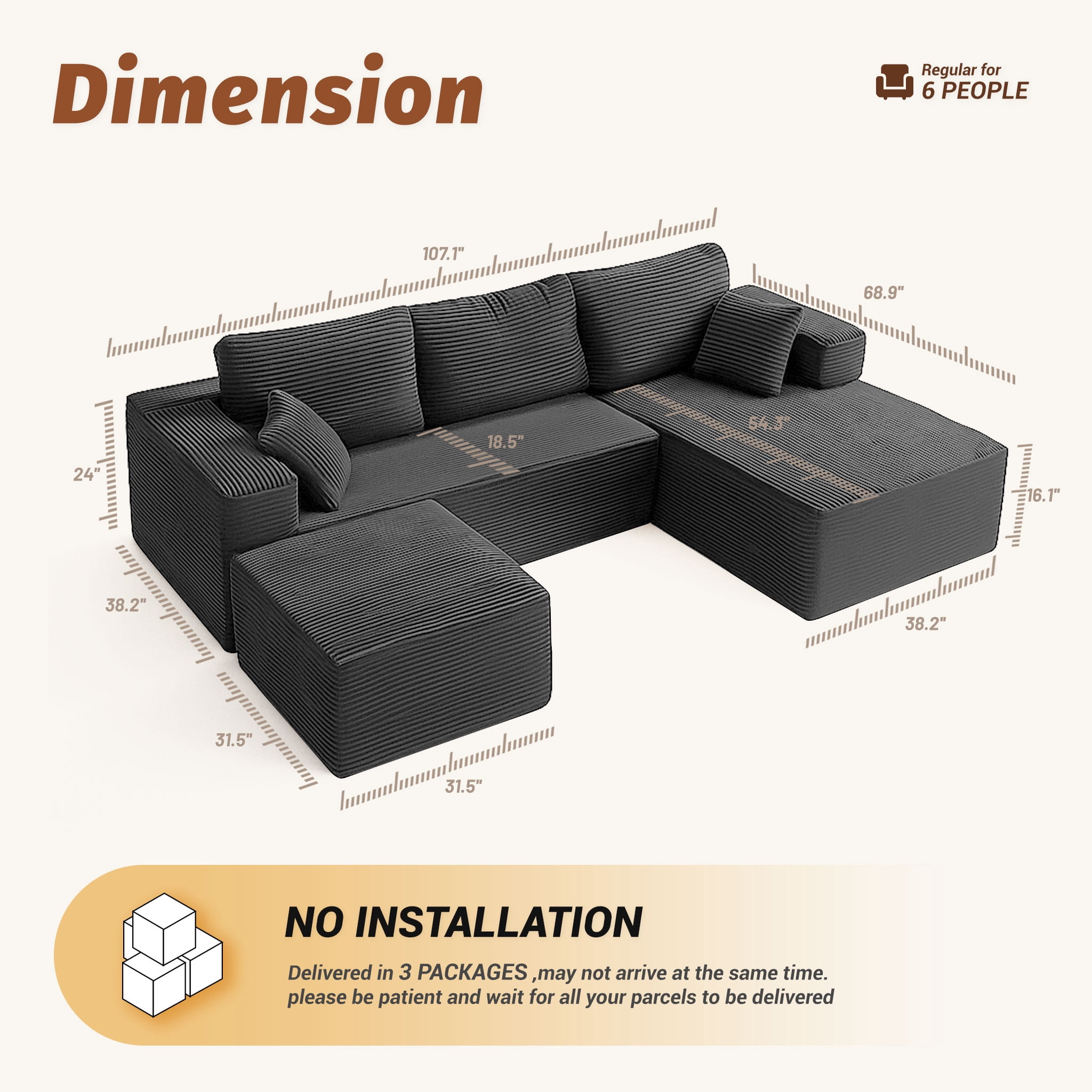 BIGSYY 107" Boneless Couch with Deep Seat, Modular Sectional Sofa, Cloud Sectional Couch for Living Room, No Assembly Required, Corduroy, U-Shape 3 Seater Right, Gray